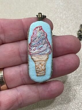 Hand-Embroidered Ice Cream Cone Pendant Necklace in Light Blue